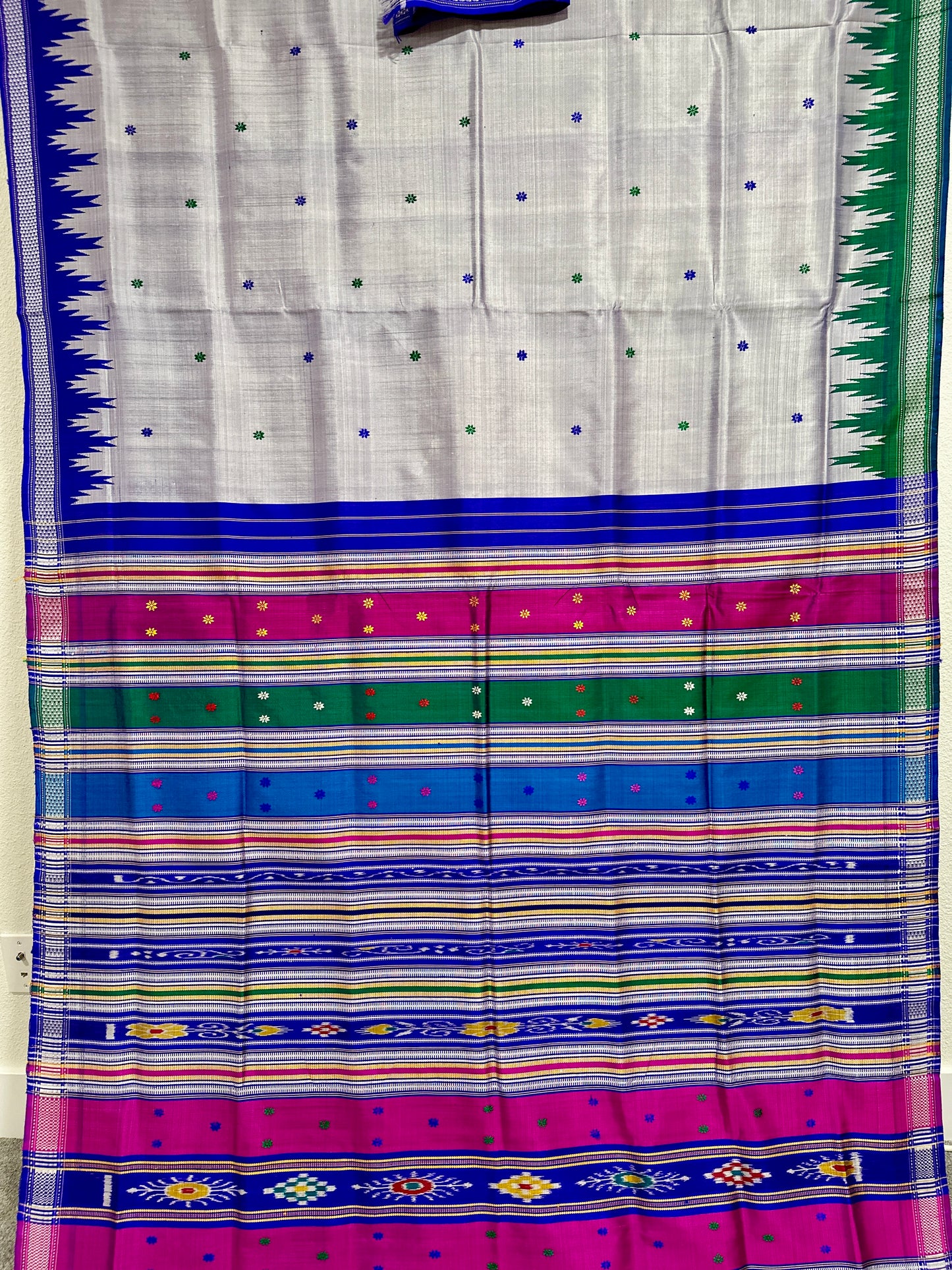 Berhampuri double palla grey with green and violet temple border with multicoloured aanchal