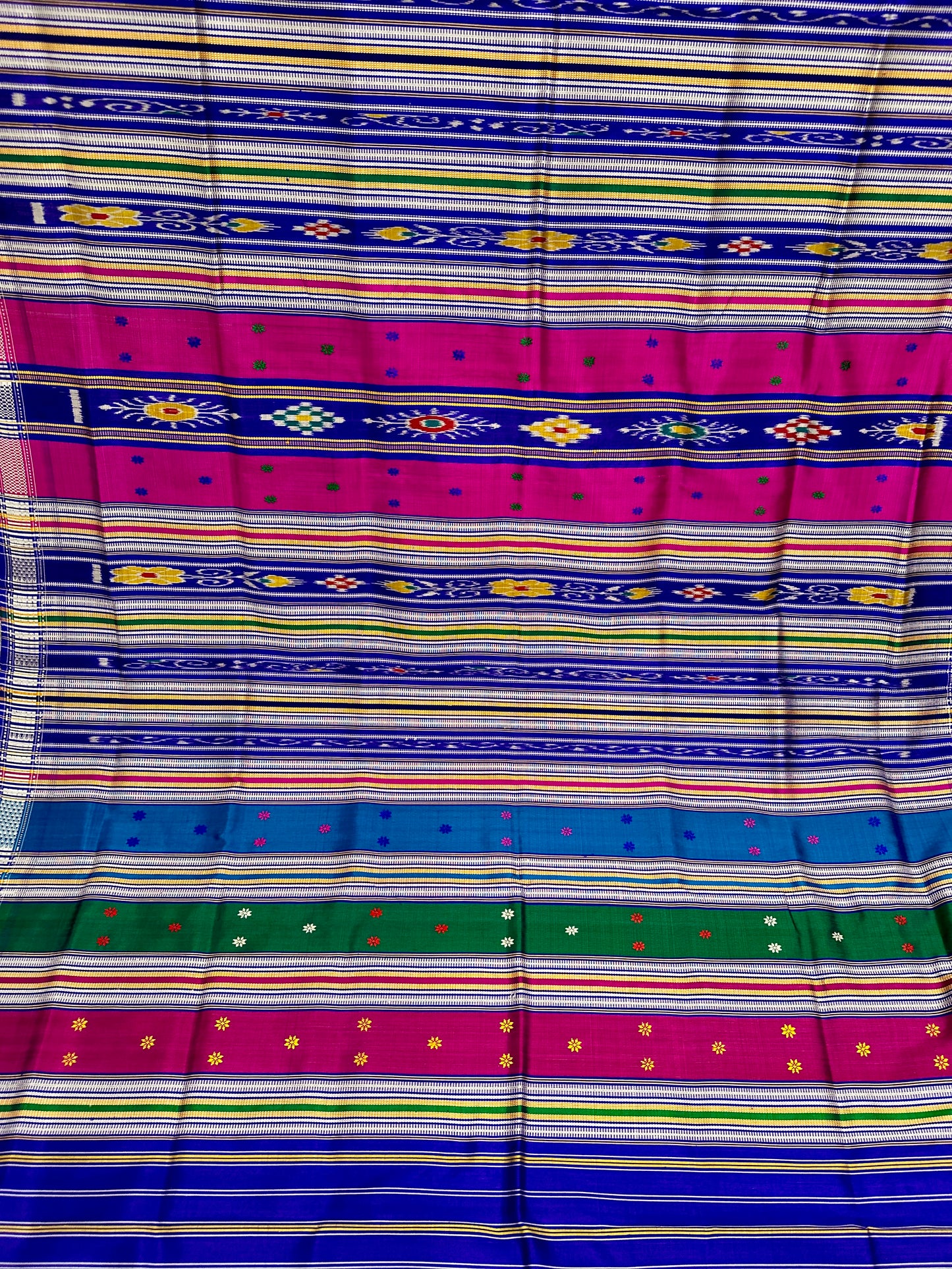 Berhampuri double palla grey with green and violet temple border with multicoloured aanchal