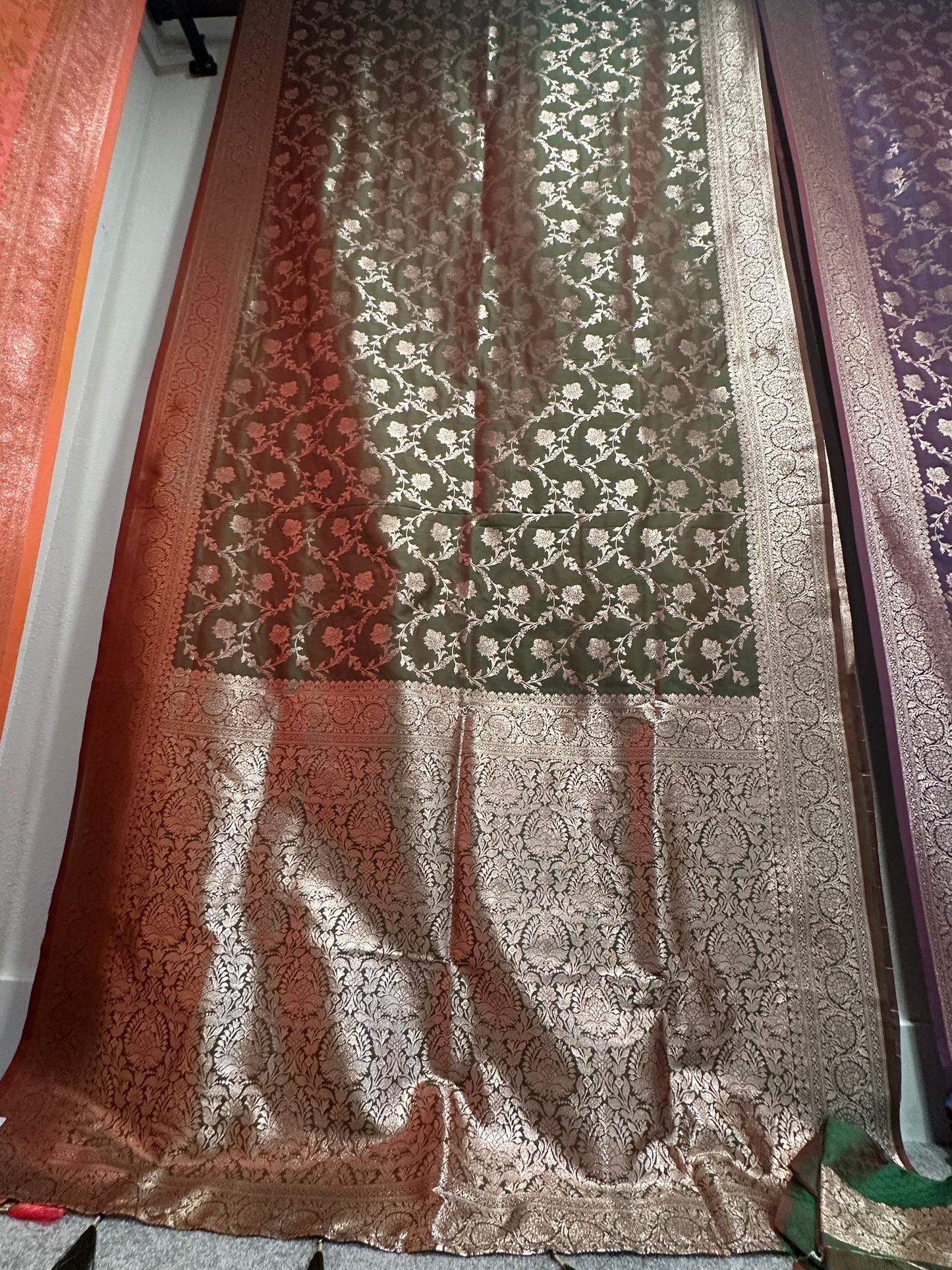 Benarasi Saree Semi Katan - Moss Green