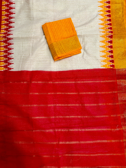 Madurai Cotton with Golden body checks Saree - Red n yellow ganga jamuna border