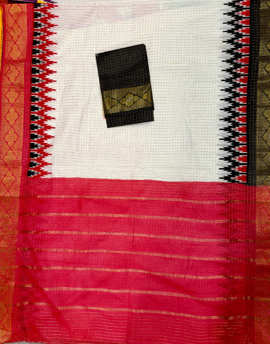 Madurai Cotton with Golden body checks Saree - Red n black ganga jamuna border