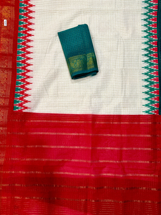 Madurai Cotton with Golden body checks Saree -Red n green  ganga jamuna border