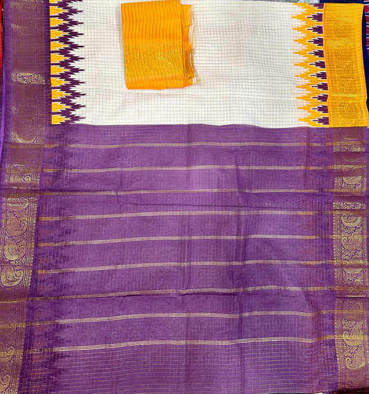 Madurai Cotton with Golden body checks Saree - Violet and yellow ganga jamuna border