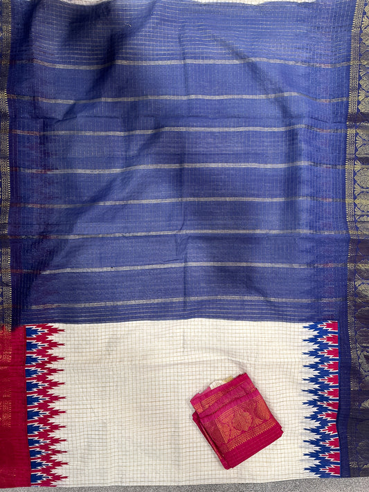 Madurai Cotton with Golden body checks Saree - Navy blue and red ganga jamuna border