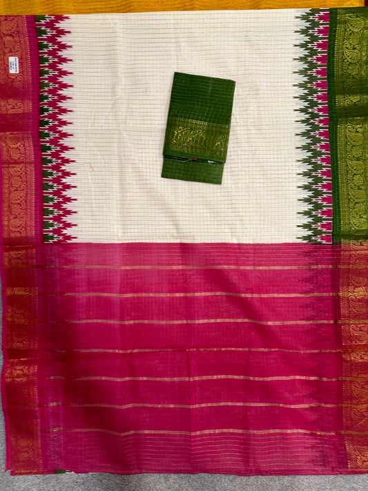 Madurai Cotton with Golden body checks Saree - Red and olive green ganga jamuna border