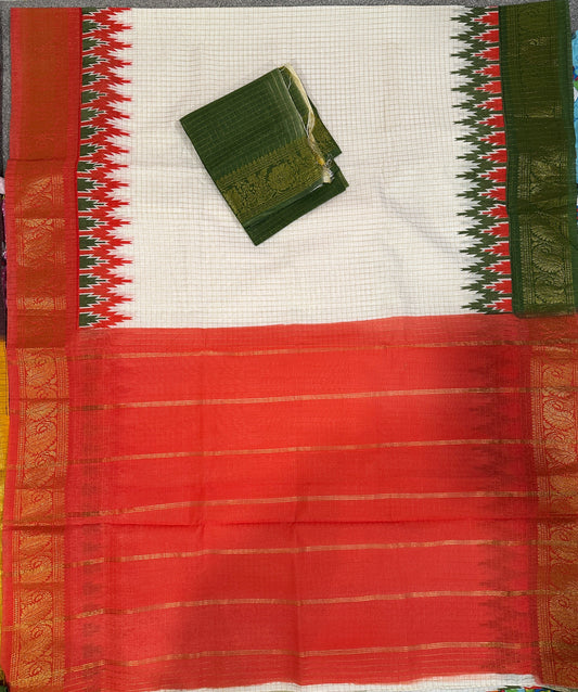 Madurai Cotton with Golden body checks Saree - Orange and green ganga jamuna border