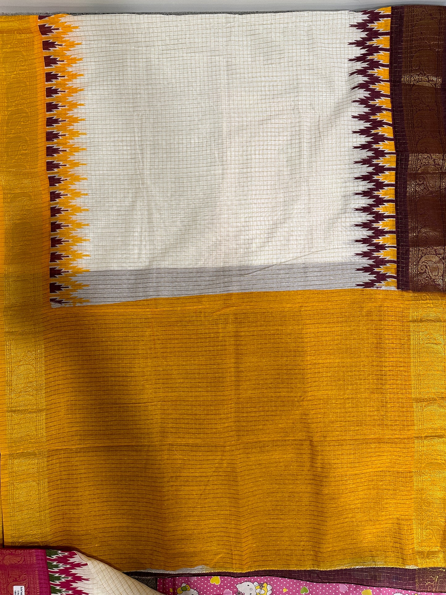 Madurai Cotton with Golden body checks Saree - Yellow and Chocolate temple border