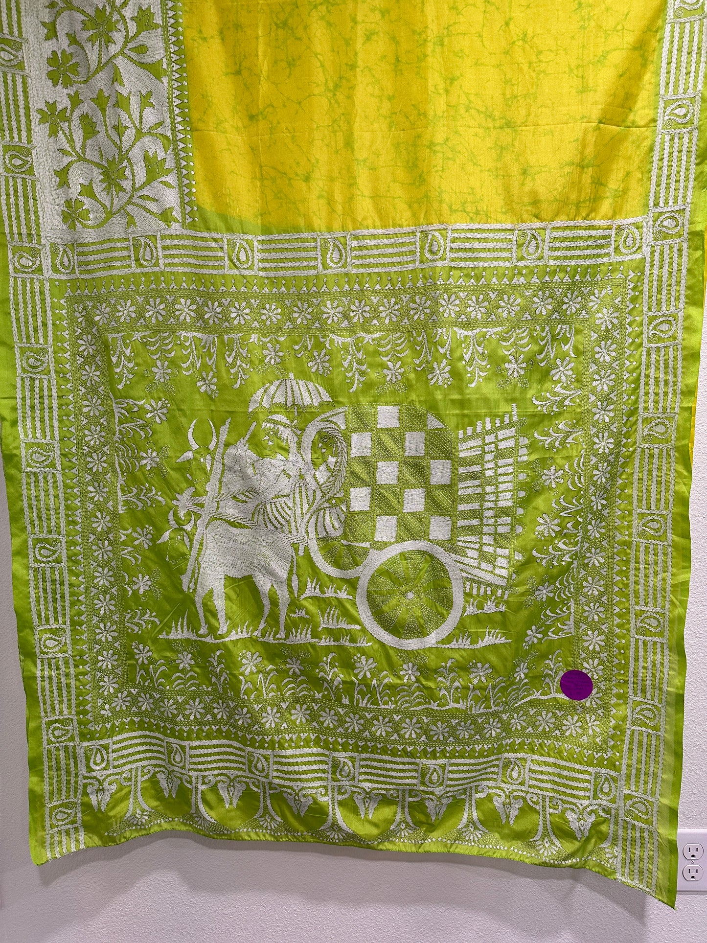 Baatik Kaantha - Lime Yellow body with Cowcart design on Anchal