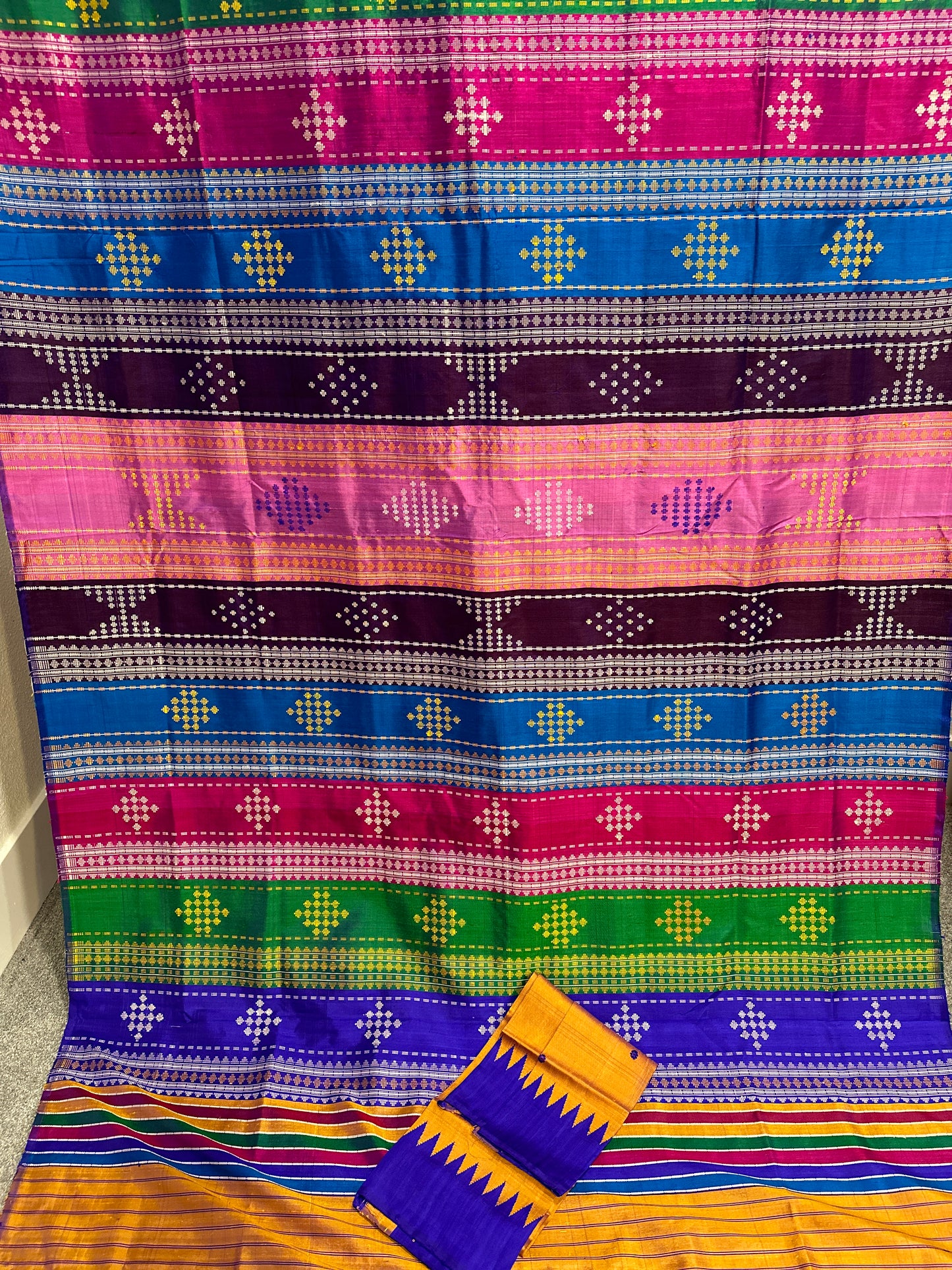 Berhampuri double palla in Royal Blue with mustard Yellow temple border with multi coloured aanchal