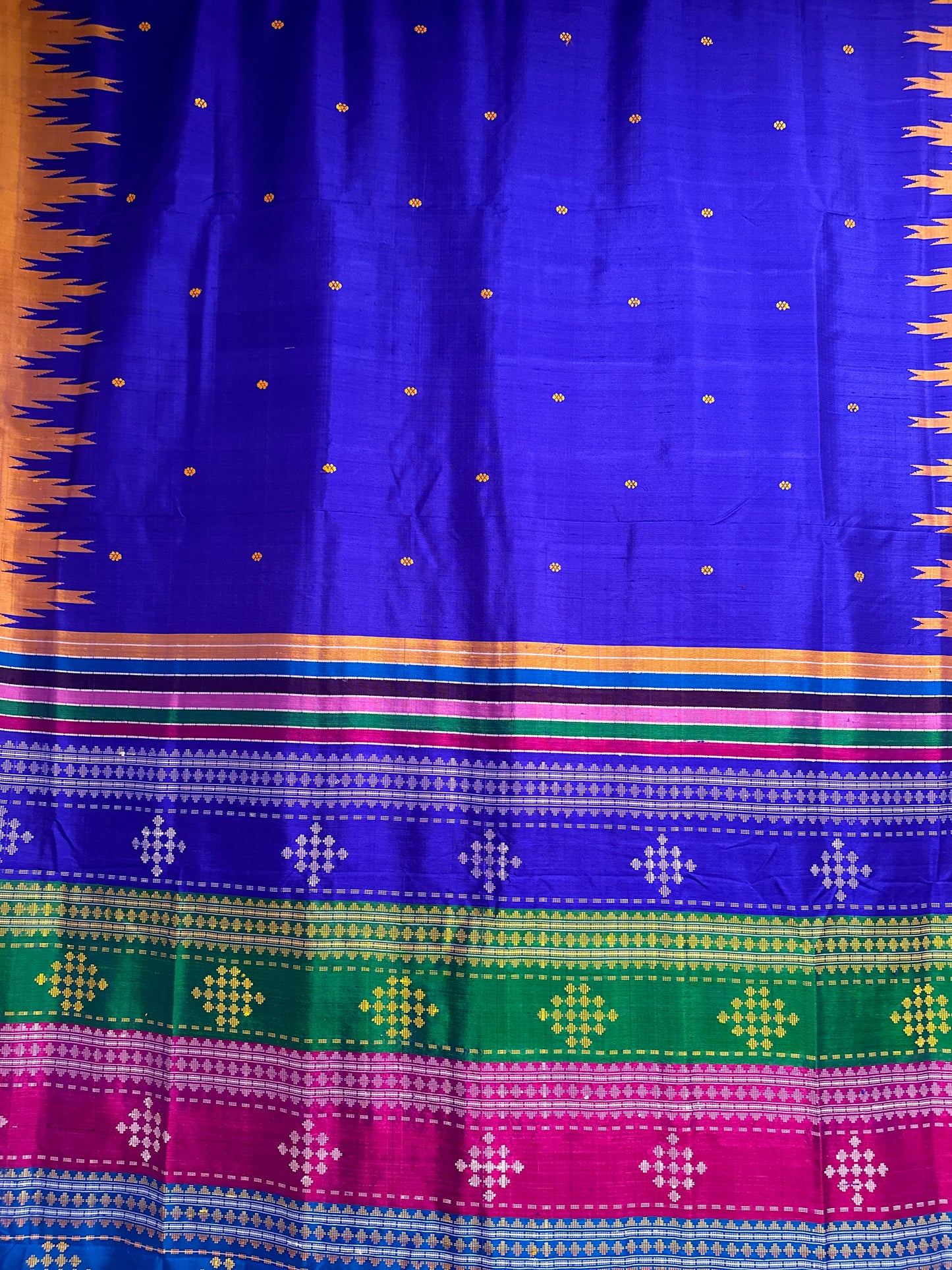 Berhampuri double palla in Royal Blue with mustard Yellow temple border with multi coloured aanchal