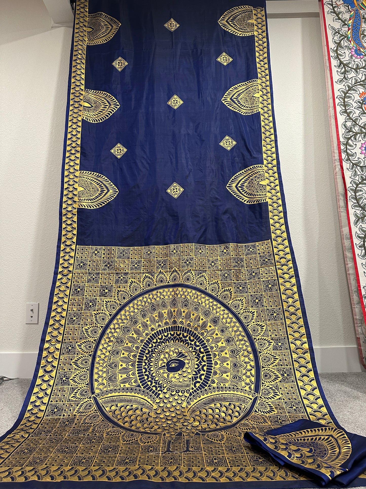 Navy Blue Pure Silk Pattachitra Saree with Golden Peacock