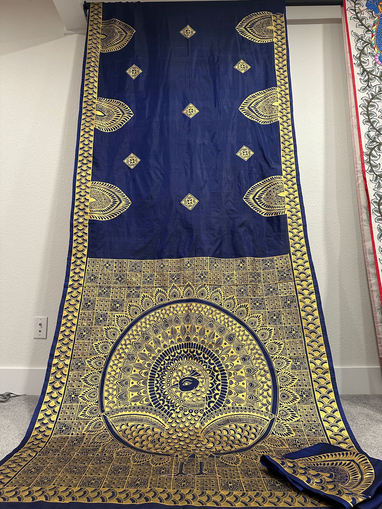 Navy Blue Pure Silk Pattachitra Saree with Golden Peacock