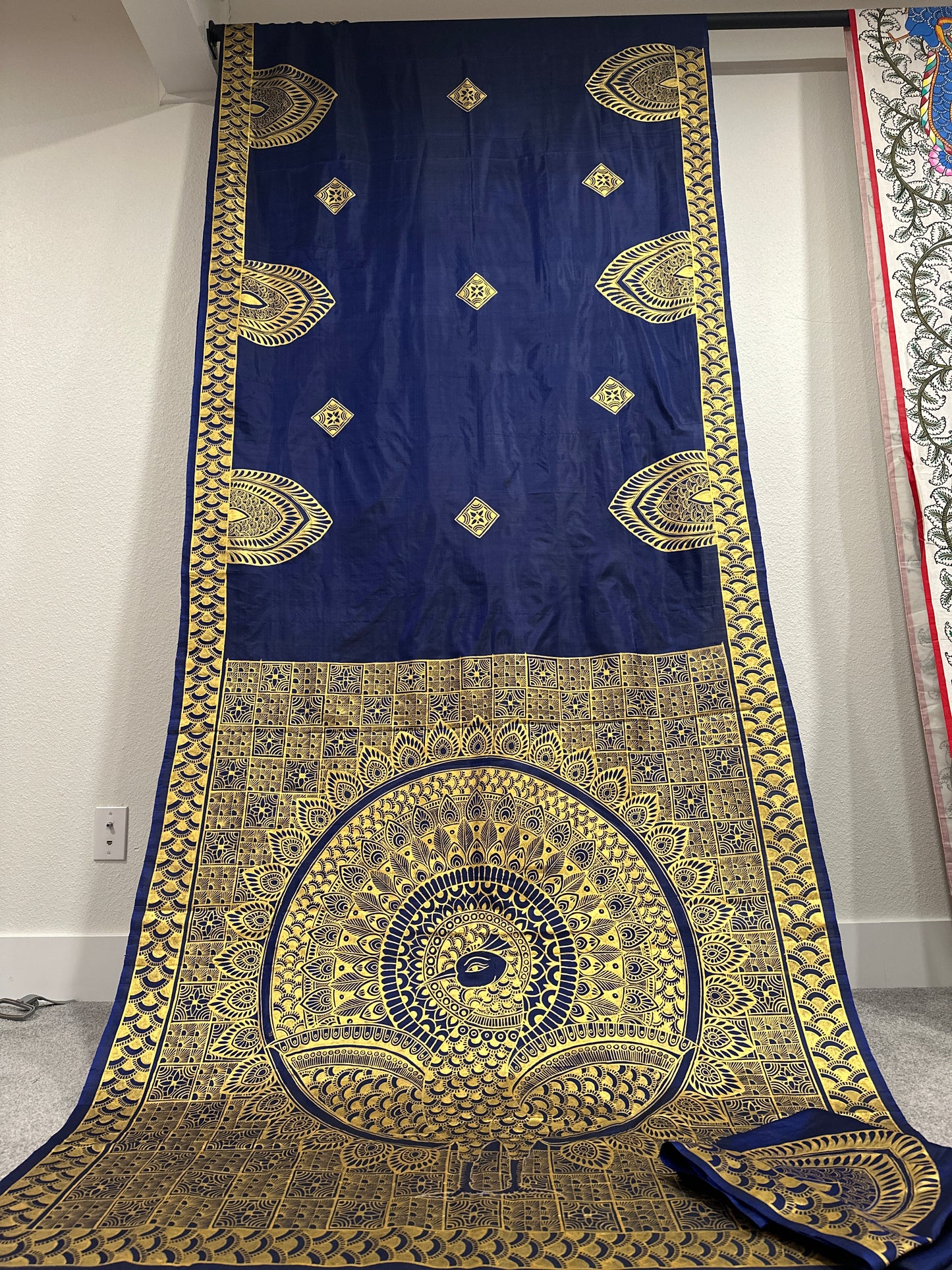 Navy Blue Pure Silk Pattachitra Saree with Golden Peacock