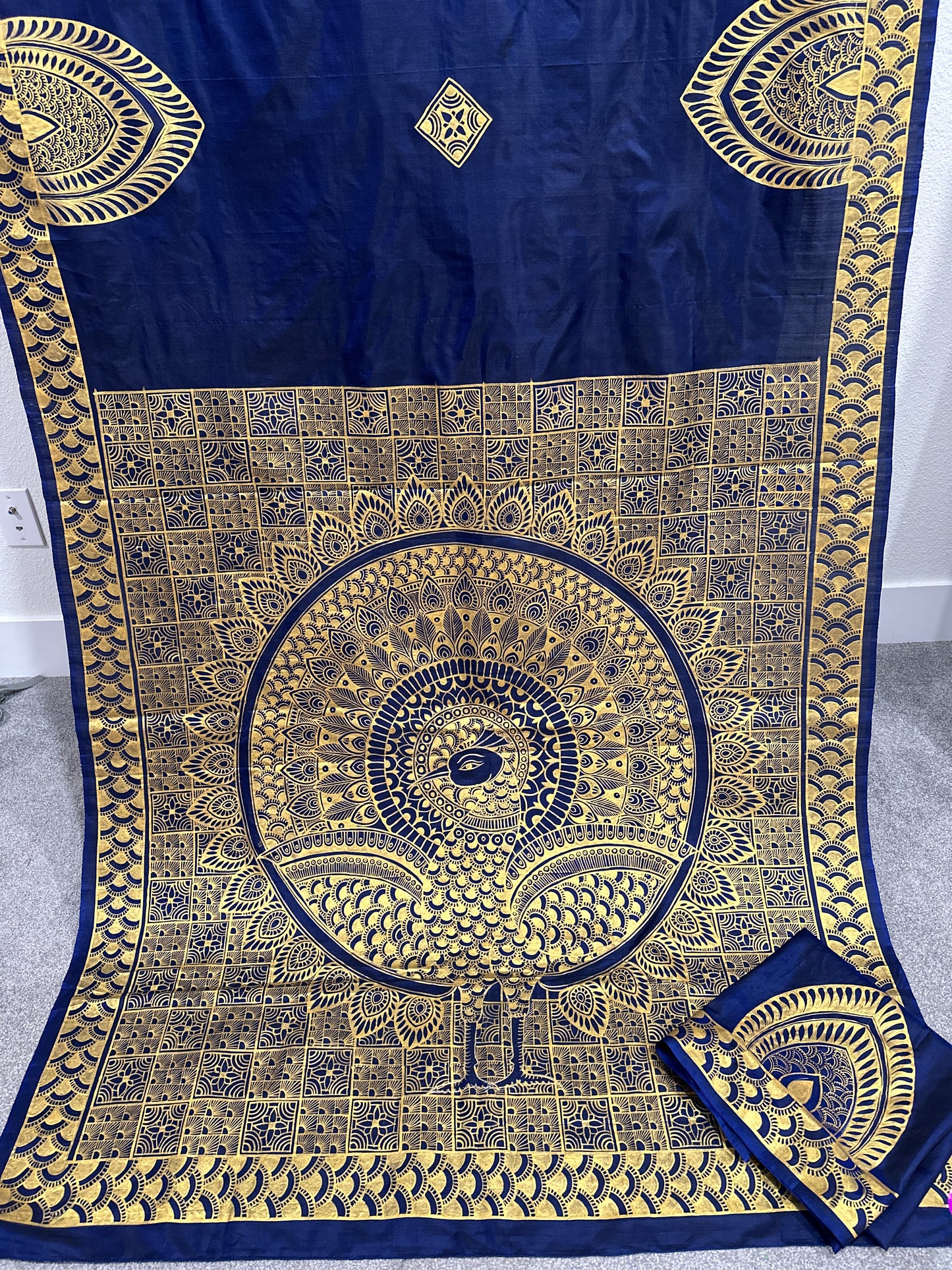 Navy Blue Pure Silk Pattachitra Saree with Golden Peacock