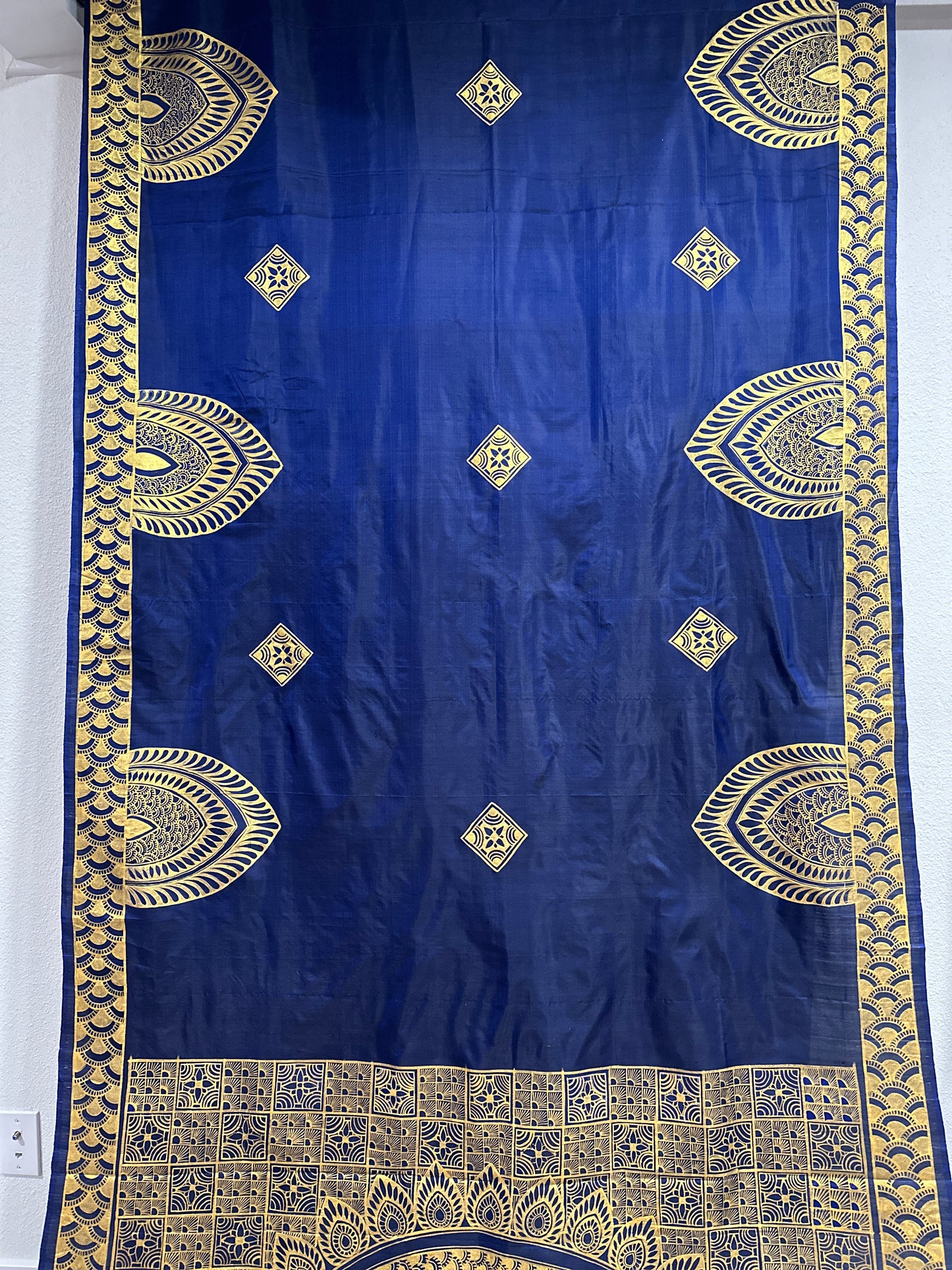 Navy Blue Pure Silk Pattachitra Saree with Golden Peacock