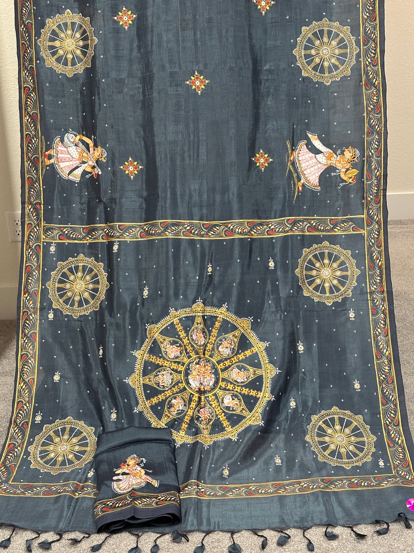 Grey Mangalgiri Pattu Pattachitra Saree with Konark wheel