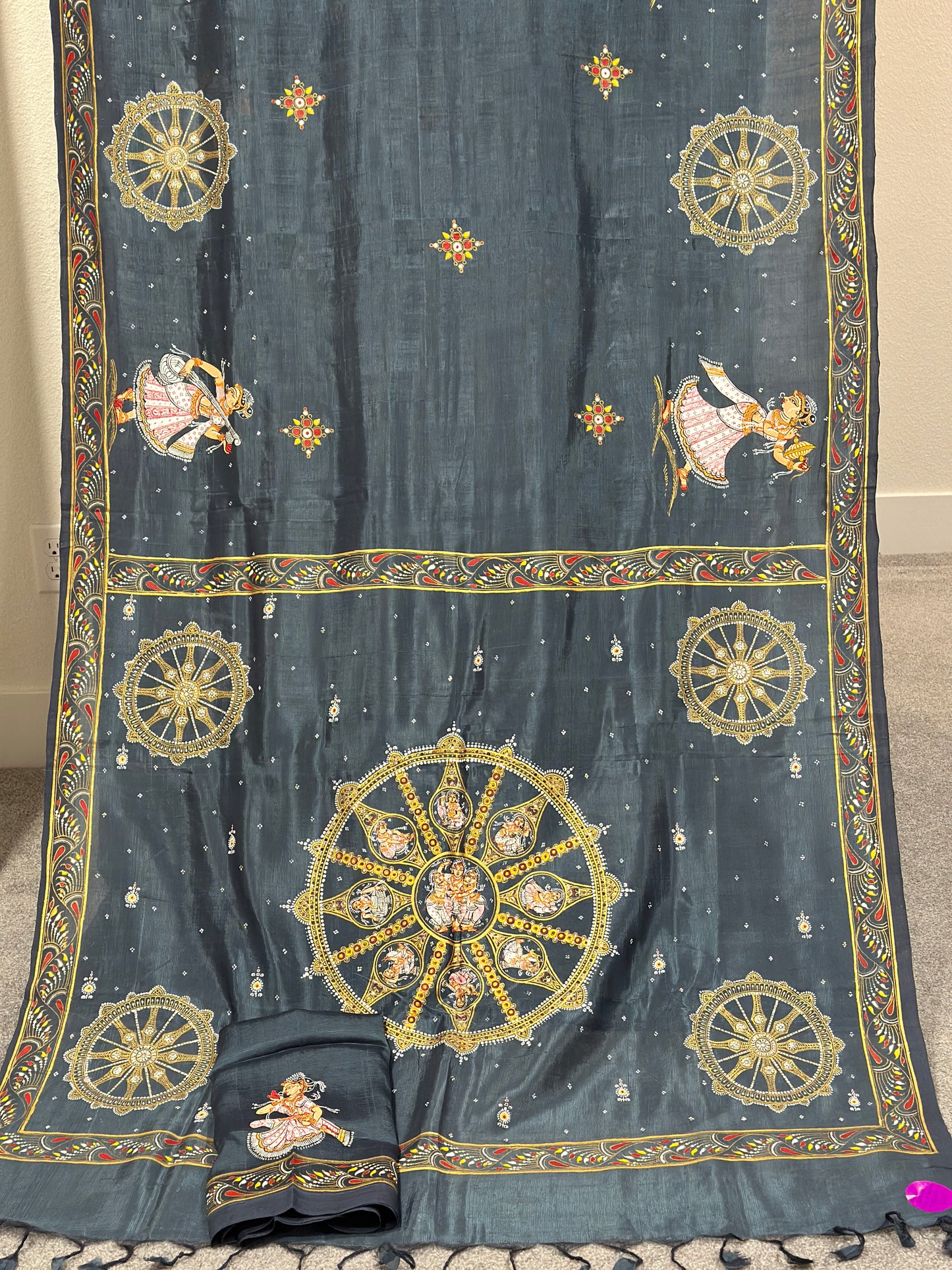 Grey Mangalgiri Pattu Pattachitra Saree with Konark wheel