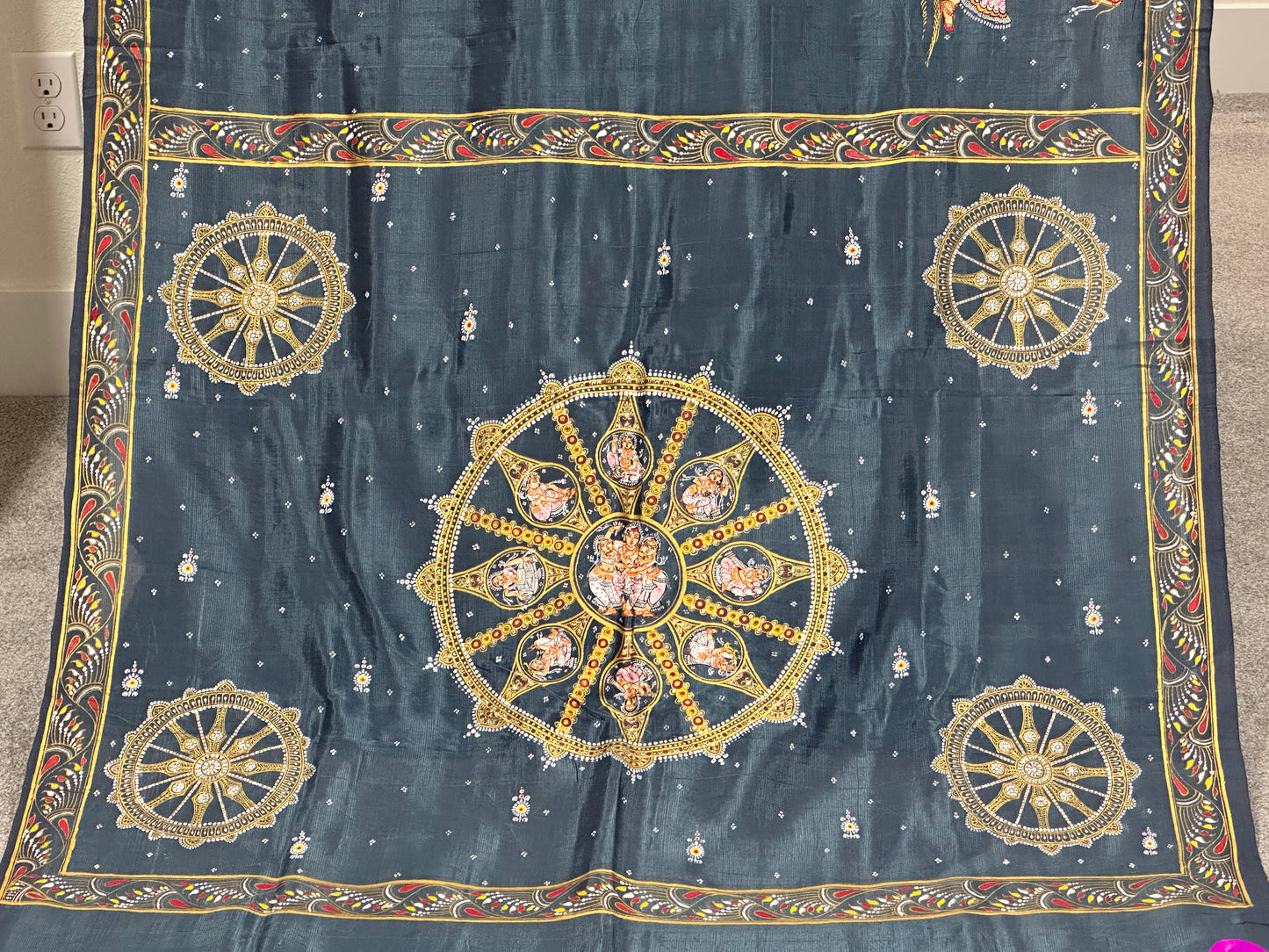 Grey Mangalgiri Pattu Pattachitra Saree with Konark wheel