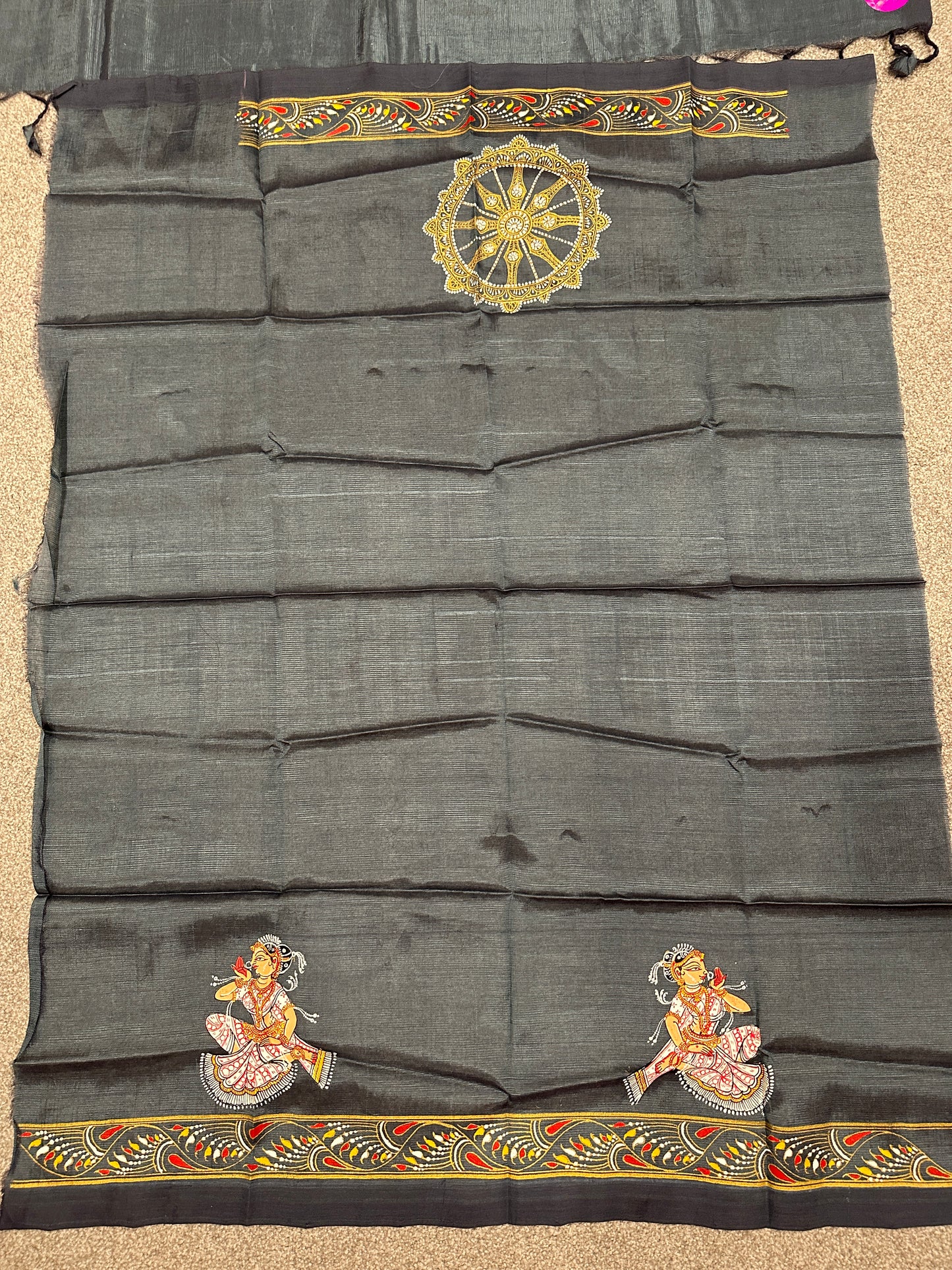 Grey Mangalgiri Pattu Pattachitra Saree with Konark wheel