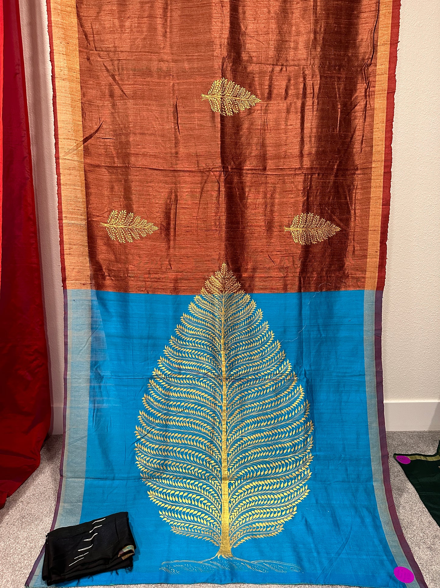 Brown and Blue Matka Pattachitra Saree with Golden Tree of Life