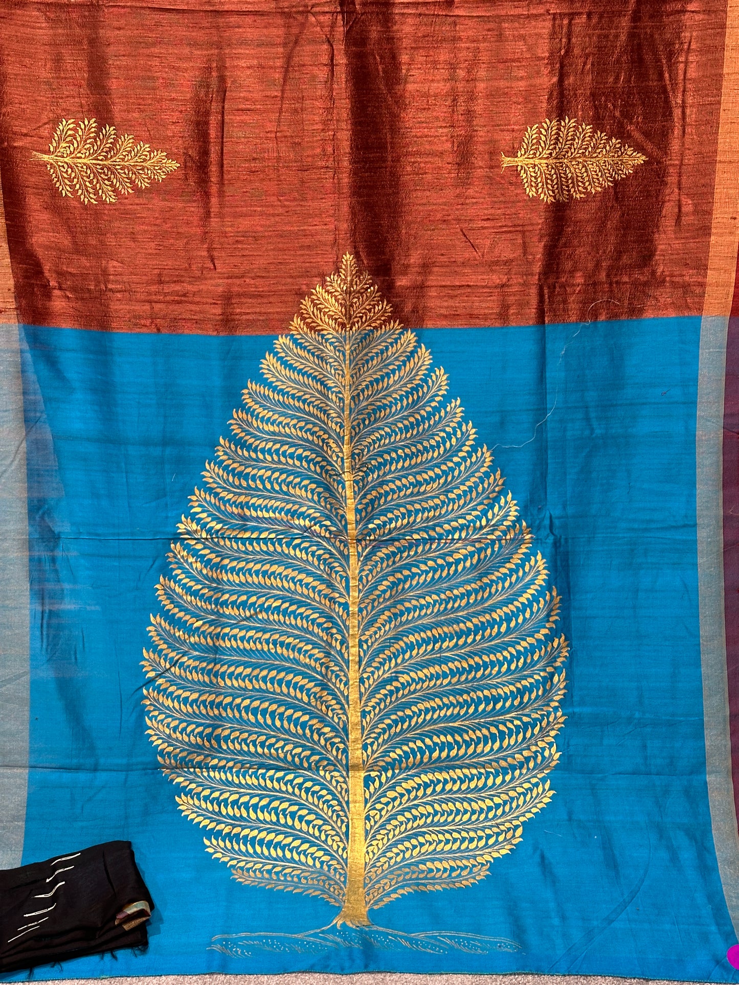 Brown and Blue Matka Pattachitra Saree with Golden Tree of Life