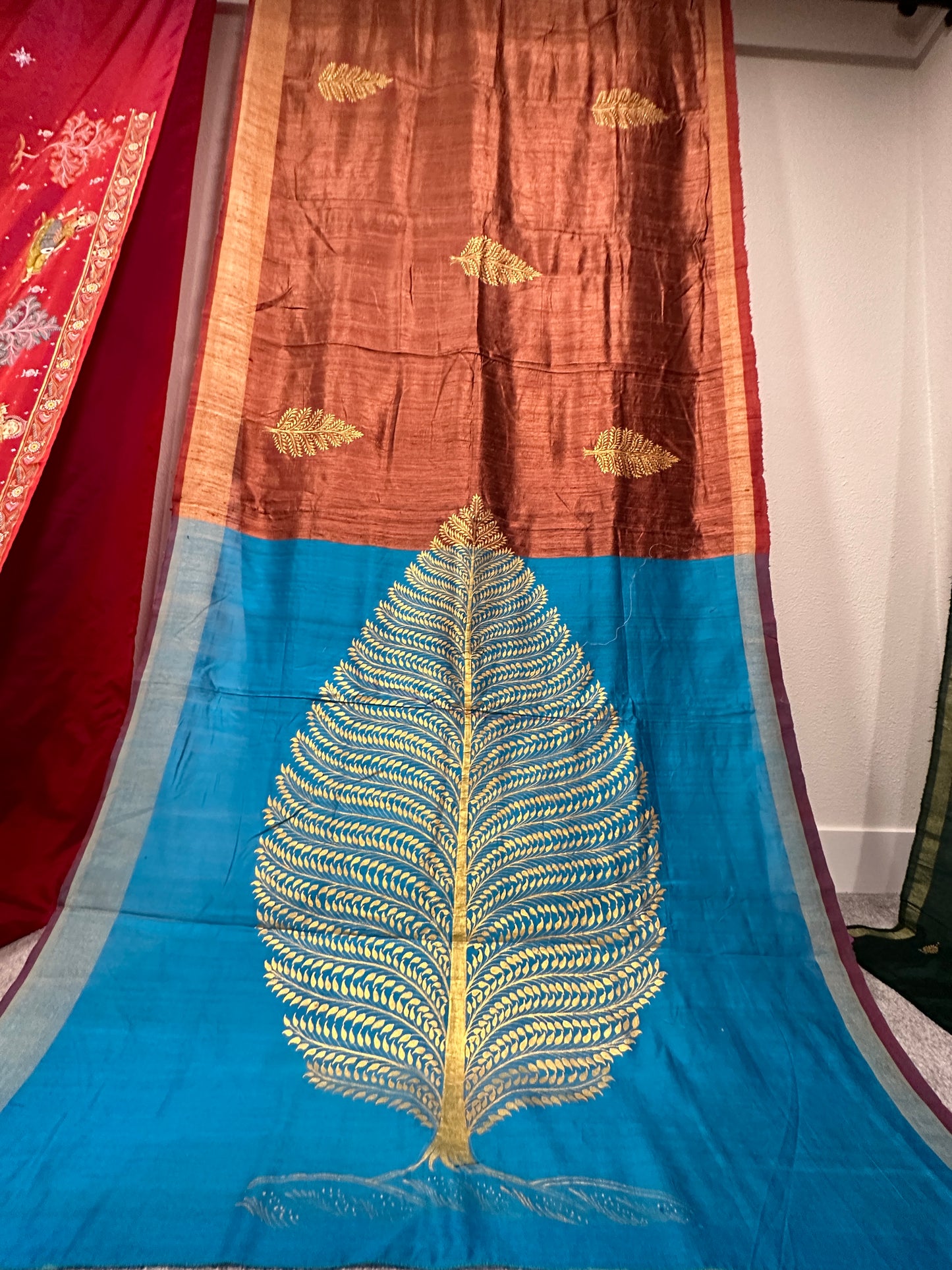 Brown and Blue Matka Pattachitra Saree with Golden Tree of Life