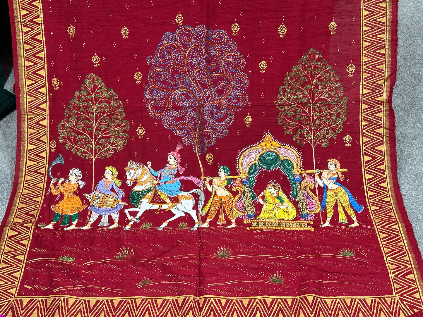 Patachitra Saree Reddish Maroon - Wedding Theme (Bride in Palanquin)