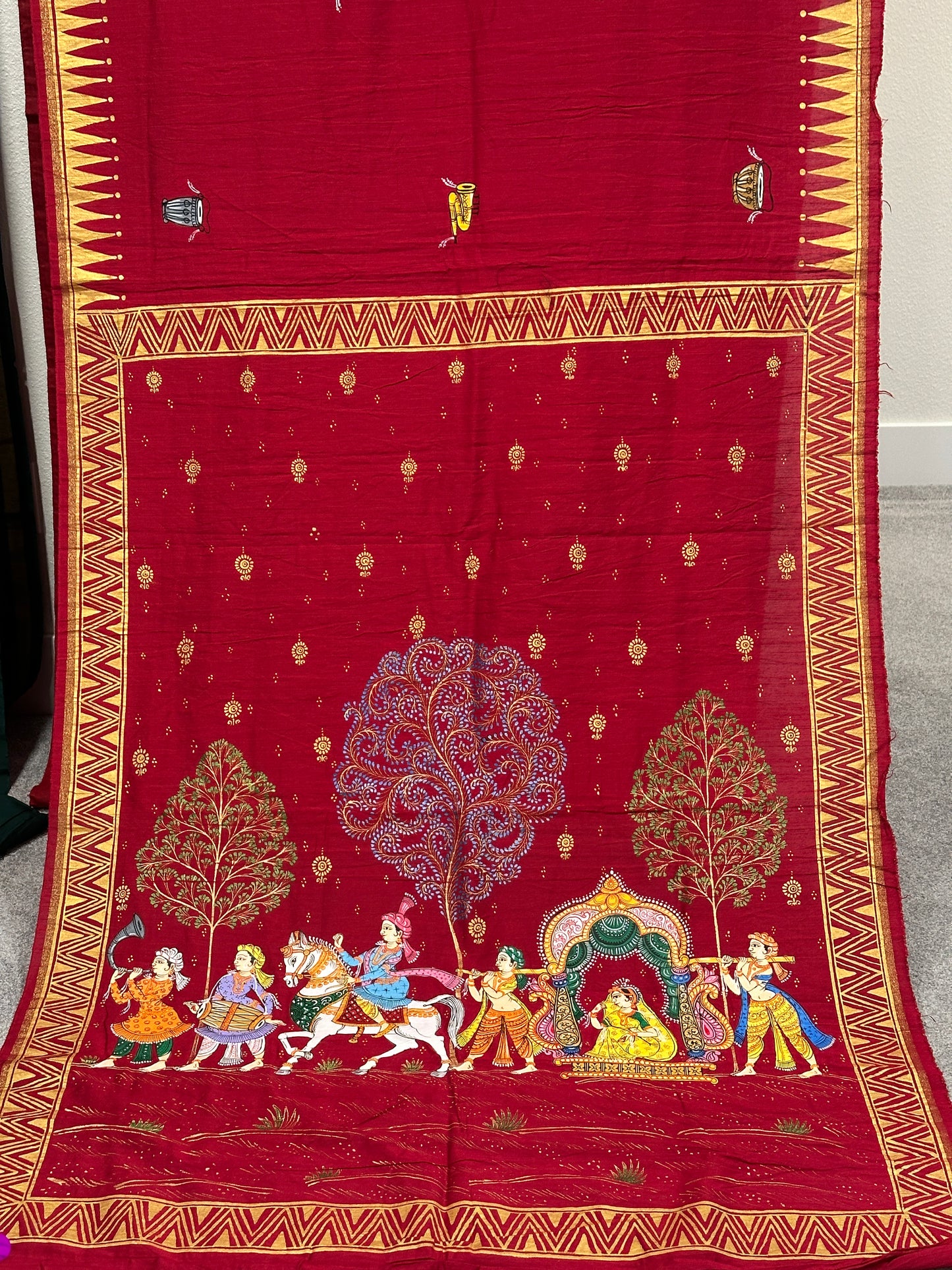 Patachitra Saree Reddish Maroon - Wedding Theme (Bride in Palanquin)