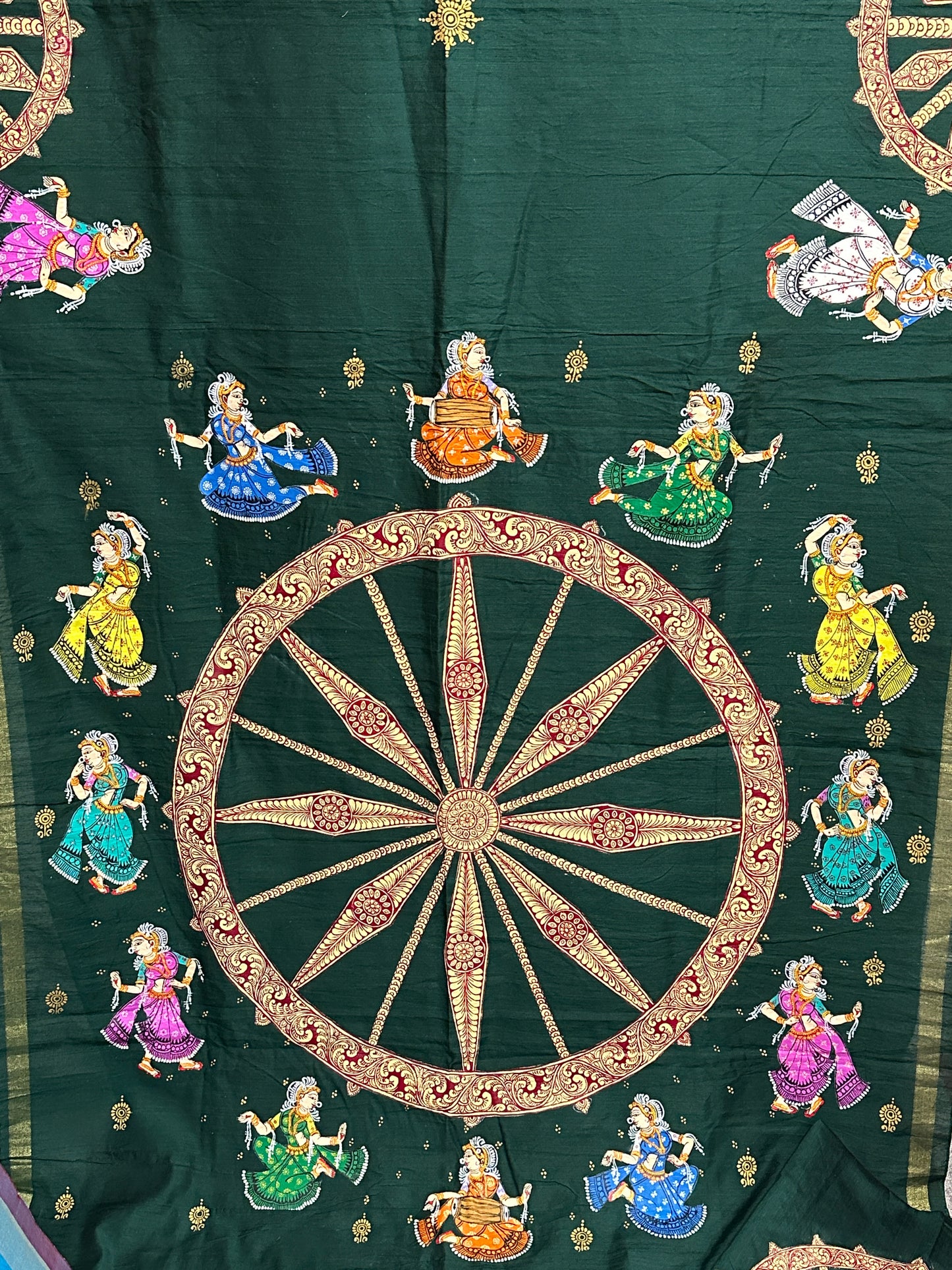 Bottle Green Cotton Pattachitra Saree with Konark Wheel and dancers