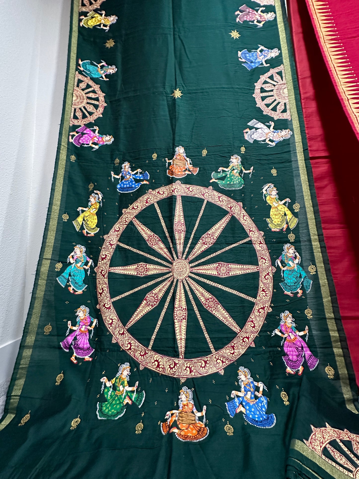 Bottle Green Cotton Pattachitra Saree with Konark Wheel and dancers