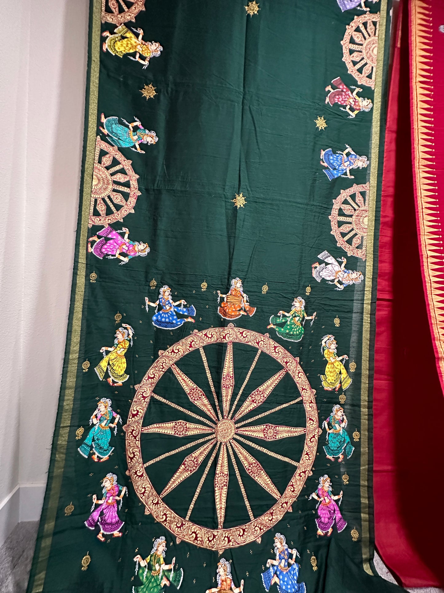 Bottle Green Cotton Pattachitra Saree with Konark Wheel and dancers