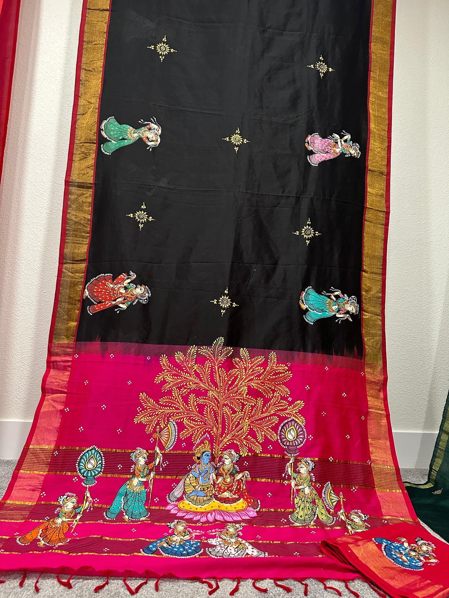 Rani Pink and Black Cotton Pattachitra Saree with Krishna Raas Leela theme