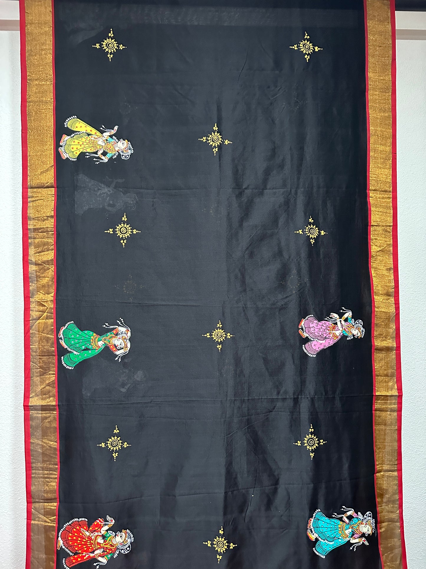 Rani Pink and Black Cotton Pattachitra Saree with Krishna Raas Leela theme