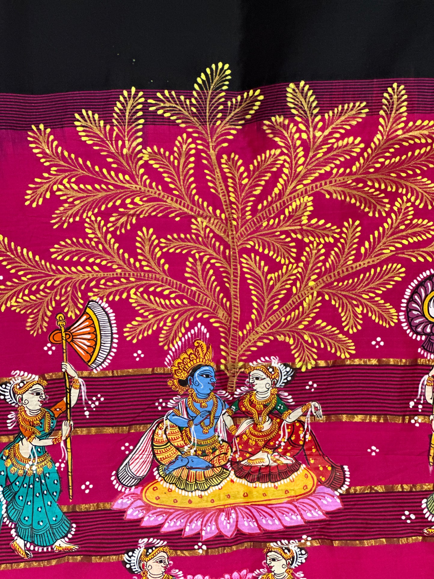 Rani Pink and Black Cotton Pattachitra Saree with Krishna Raas Leela theme