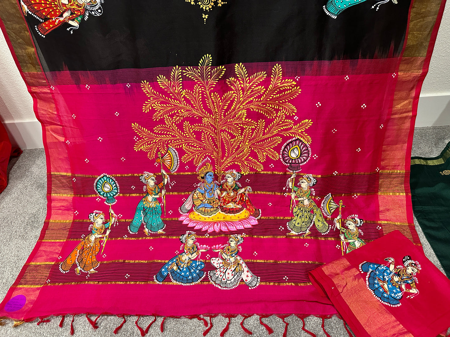 Rani Pink and Black Cotton Pattachitra Saree with Krishna Raas Leela theme