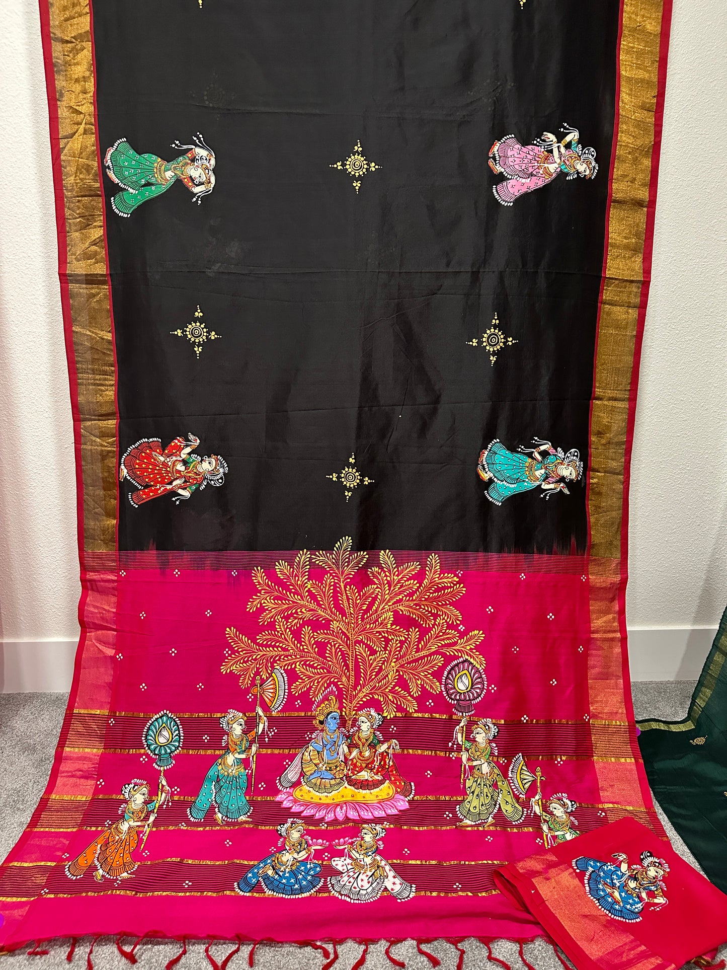 Rani Pink and Black Cotton Pattachitra Saree with Krishna Raas Leela theme