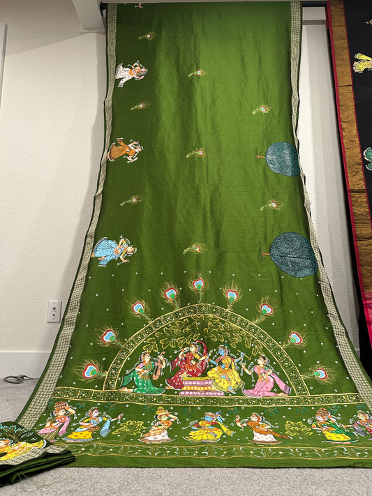 Olive Green Soft Silk Pattachitra Saree with Dancers and trees