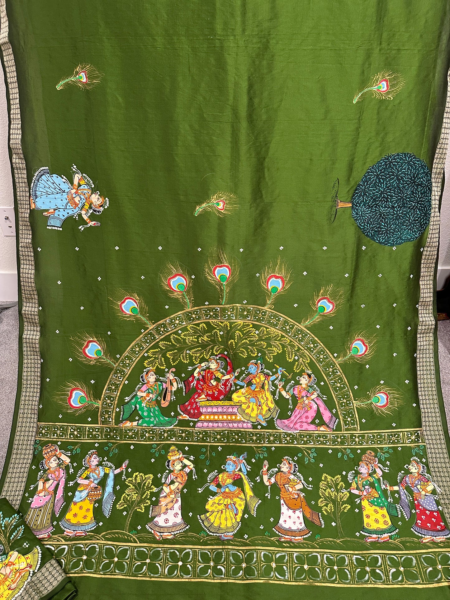 Olive Green Soft Silk Pattachitra Saree with Dancers and trees