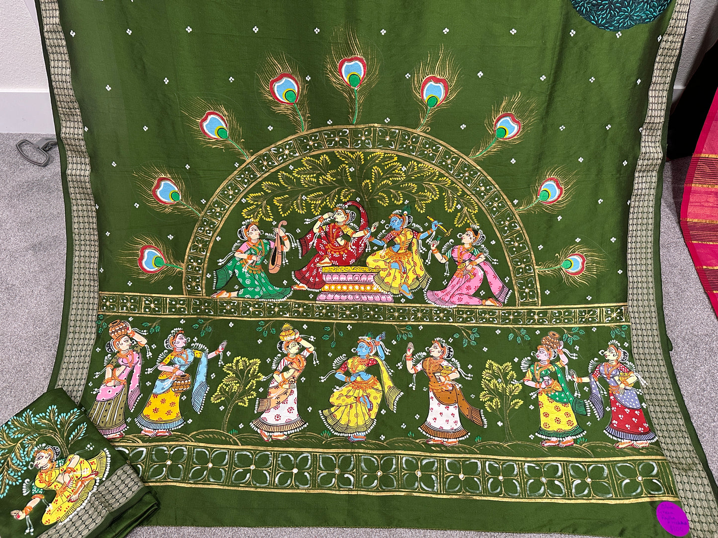 Olive Green Soft Silk Pattachitra Saree with Dancers and trees