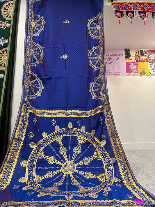 Navy Blue Pattachitra Saree with Golden Konark Wheel