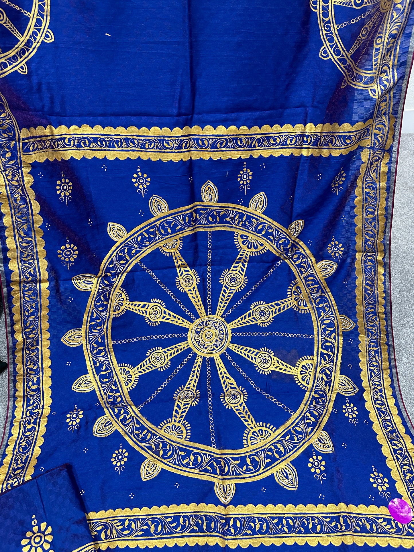 Navy Blue Pattachitra Saree with Golden Konark Wheel