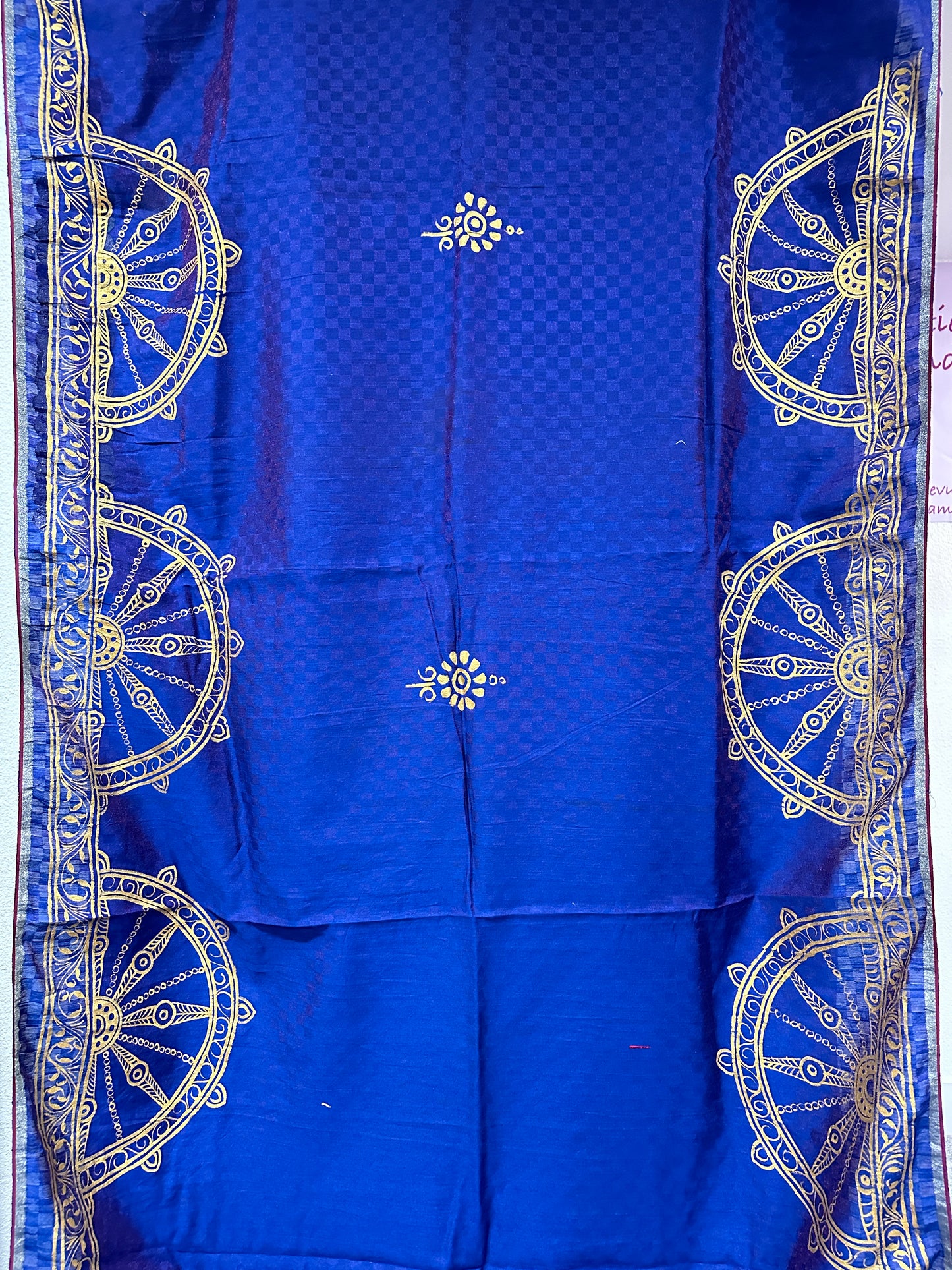 Navy Blue Pattachitra Saree with Golden Konark Wheel