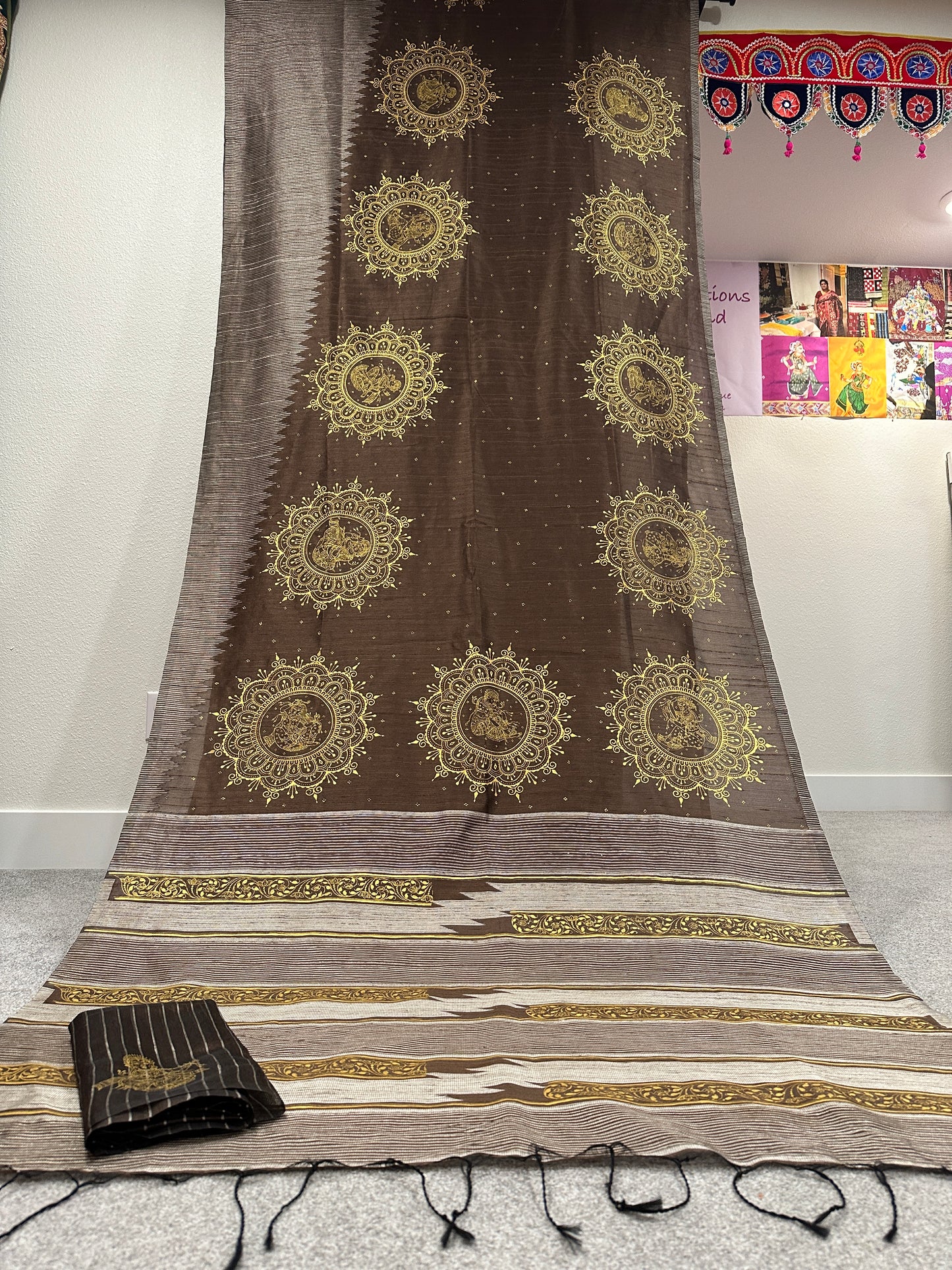 Brown and golden Pattachitra saree on Chanderi Cotton with Mandala alpana design