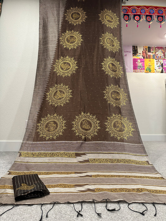 Brown and golden Pattachitra saree on Chanderi Cotton with Mandala alpana design