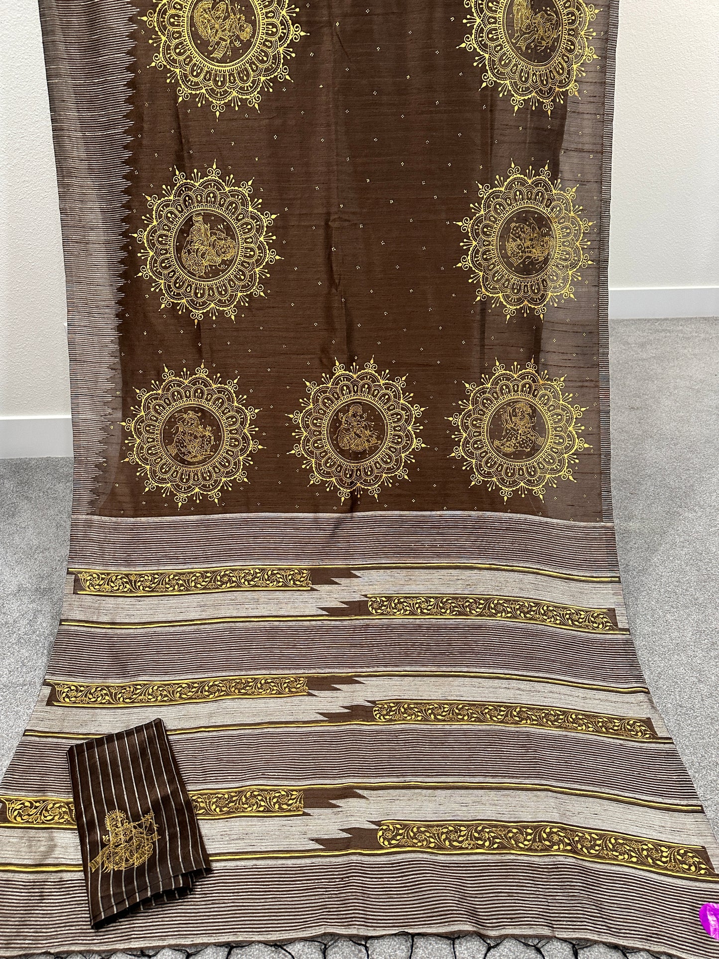 Brown and golden Pattachitra saree on Chanderi Cotton with Mandala alpana design