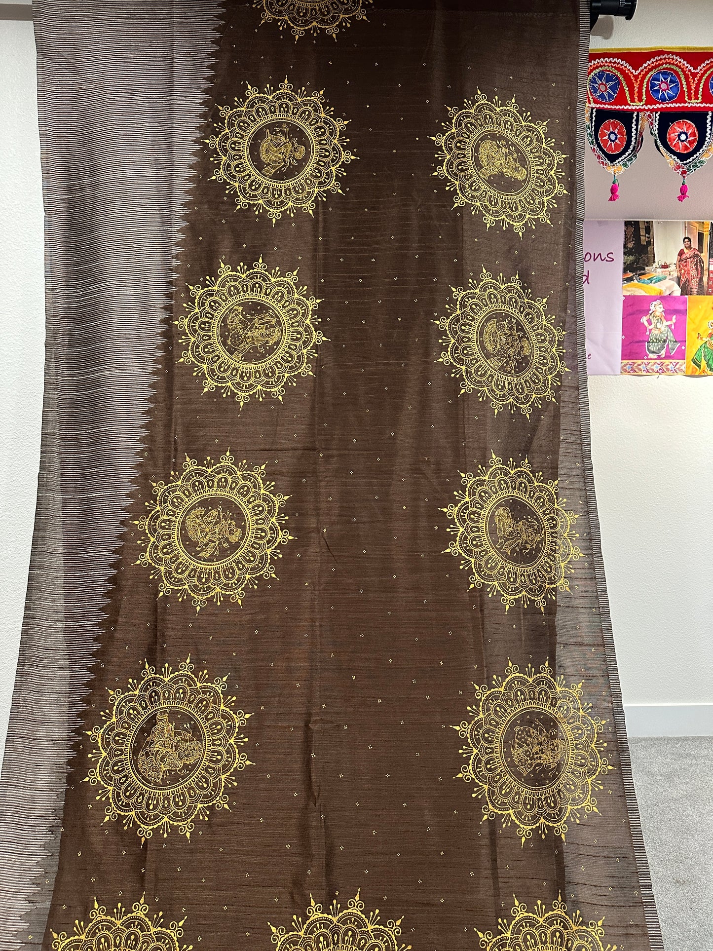 Brown and golden Pattachitra saree on Chanderi Cotton with Mandala alpana design