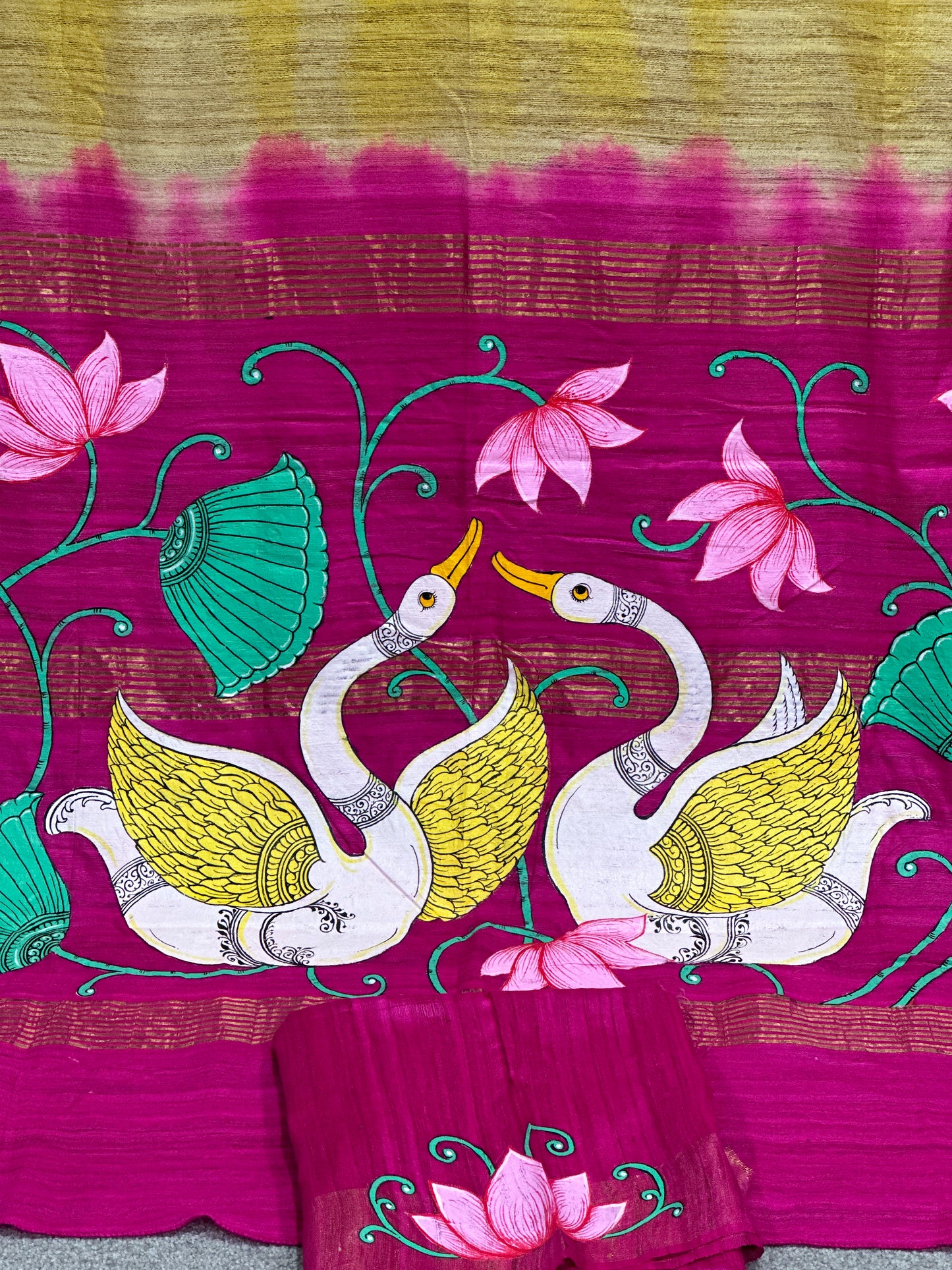 Yellow and Rani Pink Ghicha Tussar Pattachitra saree  with Lotus and Swan