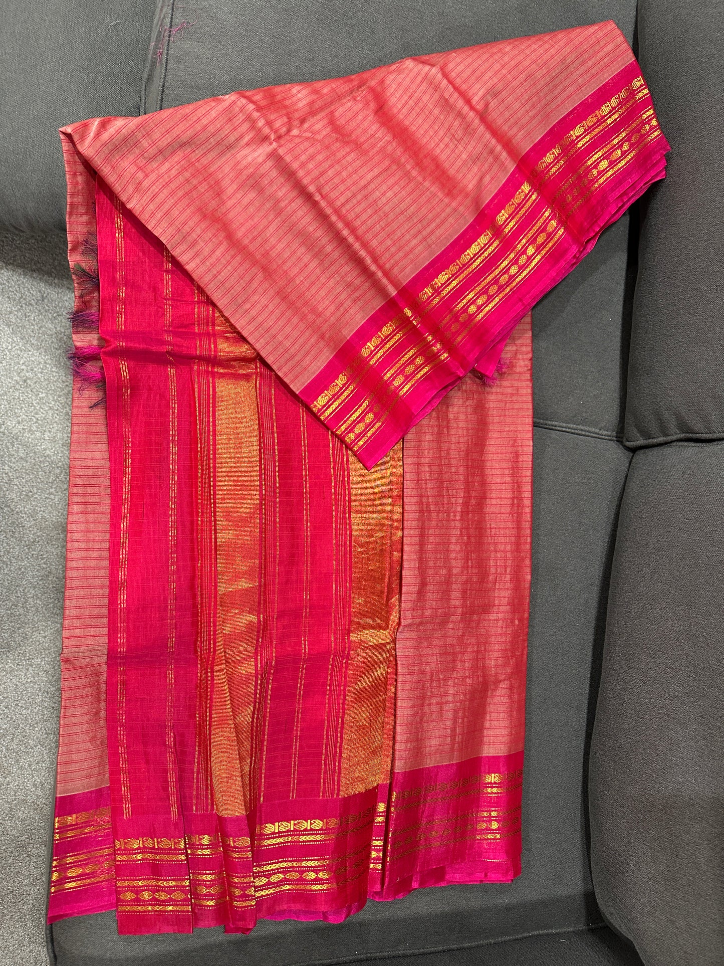 Gadwal SICO - Orangish Red with red stripes and red zari border