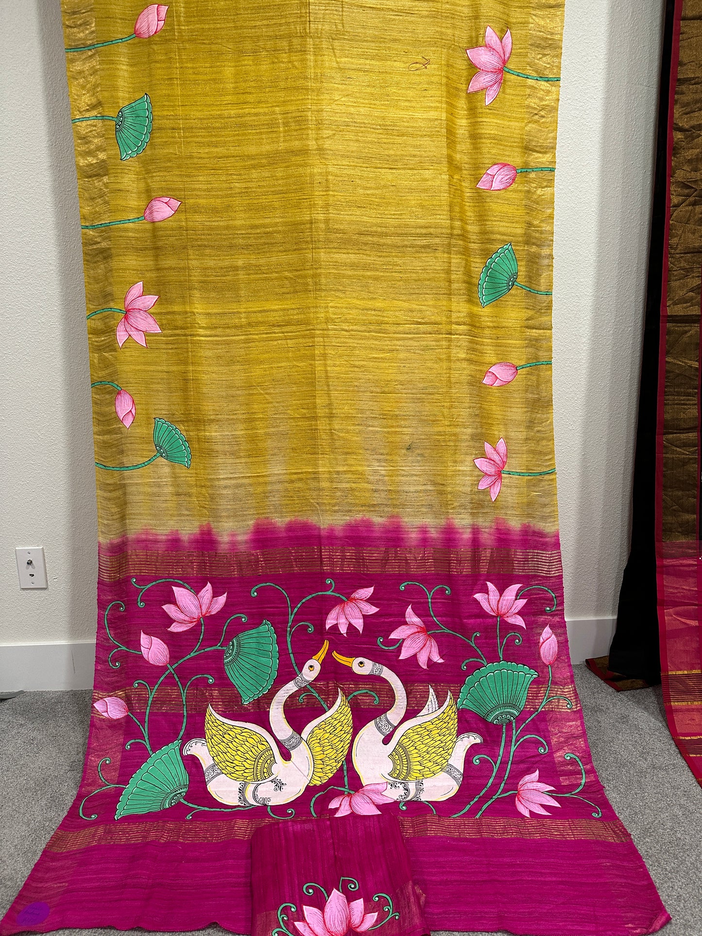 Yellow and Rani Pink Ghicha Tussar Pattachitra saree  with Lotus and Swan