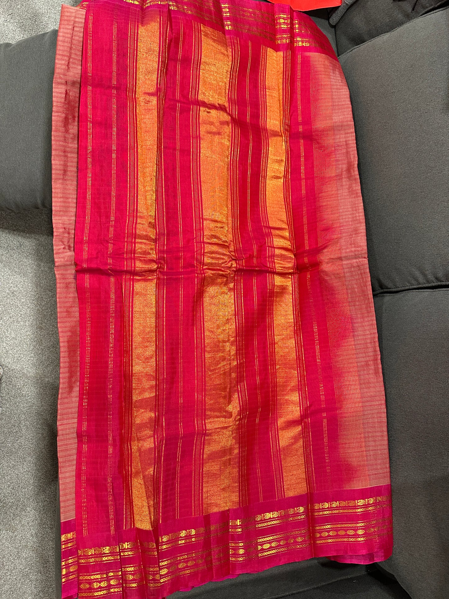 Gadwal SICO - Orangish Red with red stripes and red zari border